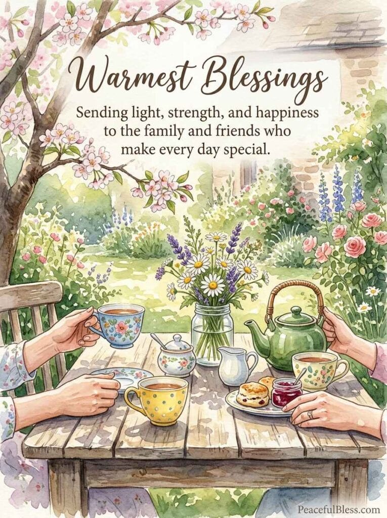 A heartwarming watercolor painting of a garden table set with teacups and wildflowers, representing love and connection.