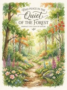 A lush watercolor forest path lined with blooming foxgloves, daisies, and wild roses under soft morning sunlight, with the text Find Peace in the Quiet of the Forest.