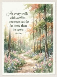 A beautiful watercolor forest trail with towering trees and blooming wildflowers, featuring the famous John Muir quote In every walk with nature, one receives far more than he seeks.