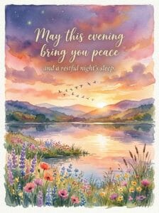 A peaceful twilight sunset over a calm lake surrounded by fields of lavender and wild poppies, with birds flying home under a starry evening sky, featuring an evening peace blessing.
