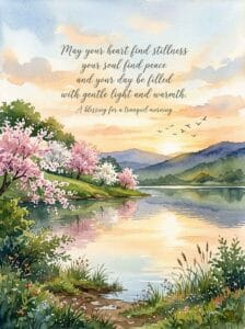 A tranquil morning river reflecting a soft golden sunrise with beautiful pink spring blossoms blooming on the banks, featuring a blessing for a tranquil morning.