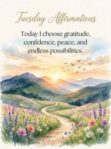 Watercolor winding dirt trail through lavender fields looking toward a mountain sunrise with the title Tuesday Affirmations.