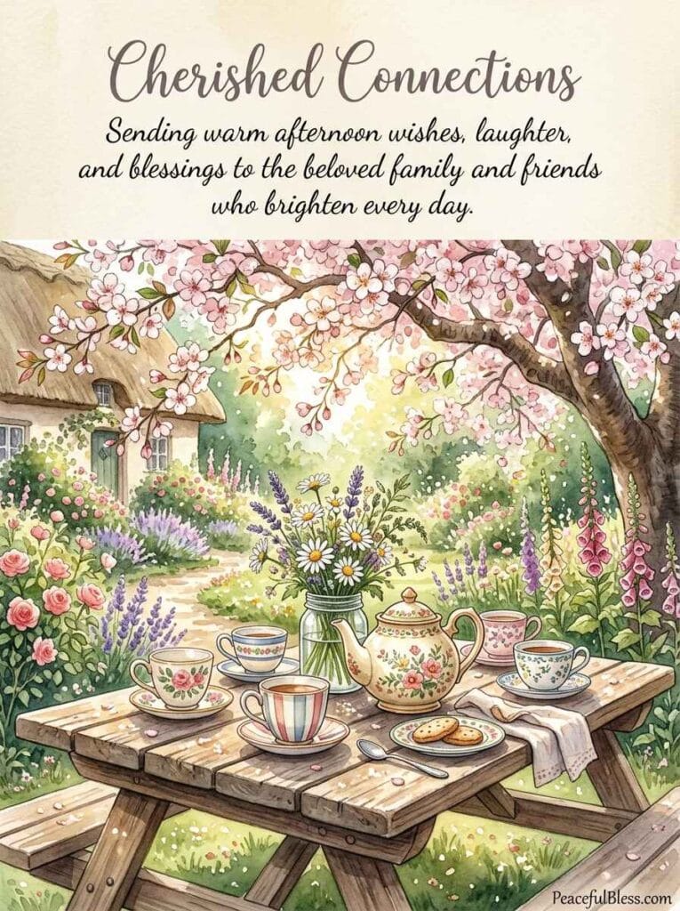 A heartwarming watercolor painting of a garden picnic table set with teacups and wildflowers, representing afternoon connection.