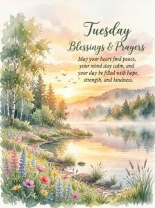 Peaceful watercolor lake reflecting a misty sunrise with wildflowers and the heading Tuesday Blessings and Prayers.