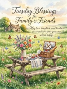A lovely outdoor picnic setup on a wooden bench with wildflowers and butterflies for Tuesday Blessings for Family and Friends.