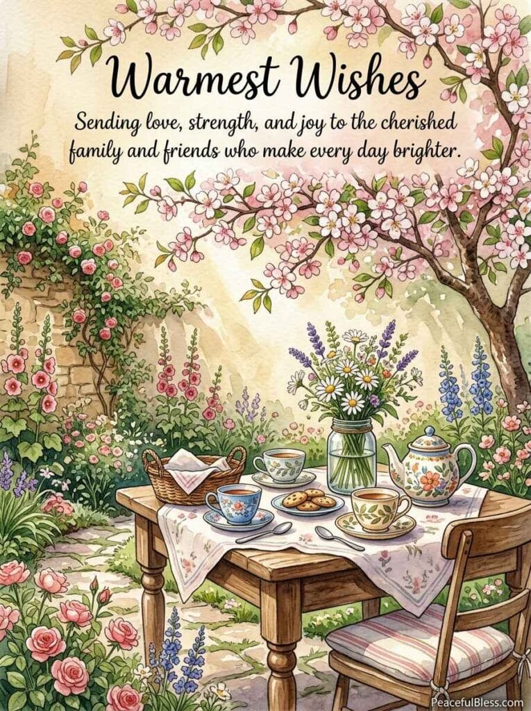 A heartwarming watercolor painting of a garden table set with teacups and wildflowers, representing connection and love.