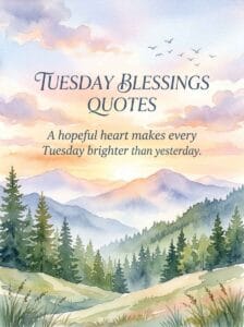 Misty blue mountains and pine trees under a sunrise sky with the graphic header Tuesday Blessings Quotes.