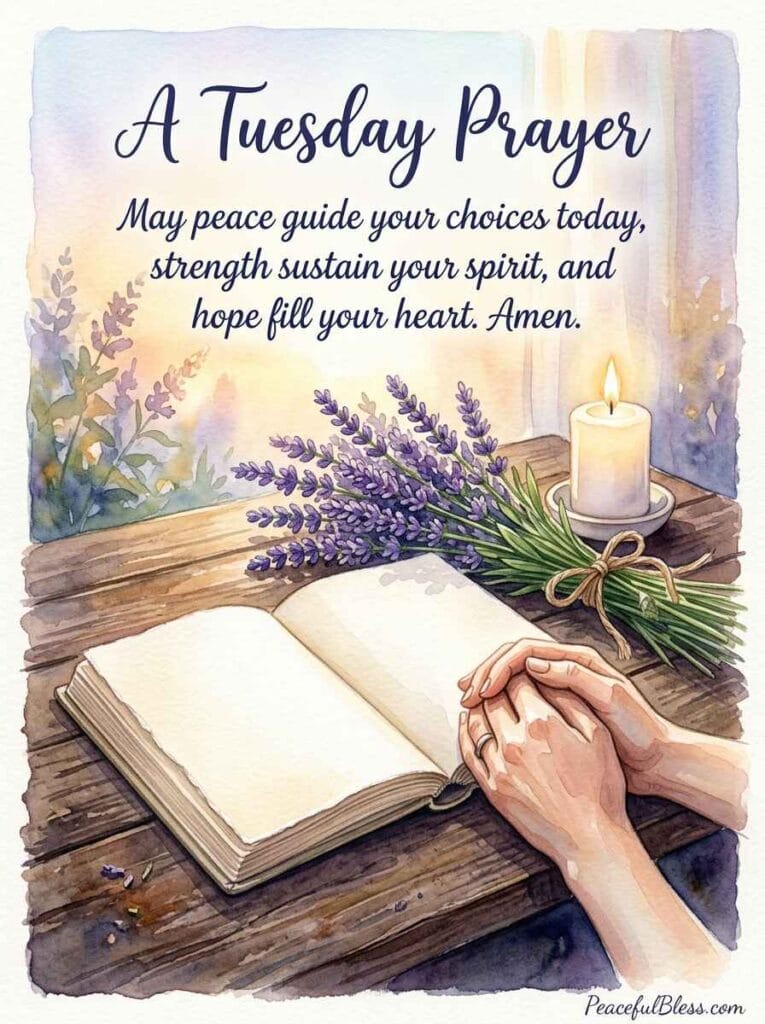 A deeply peaceful watercolor illustration of an open linen journal surrounded by lavender and a glowing white candle for a Tuesday morning prayer.