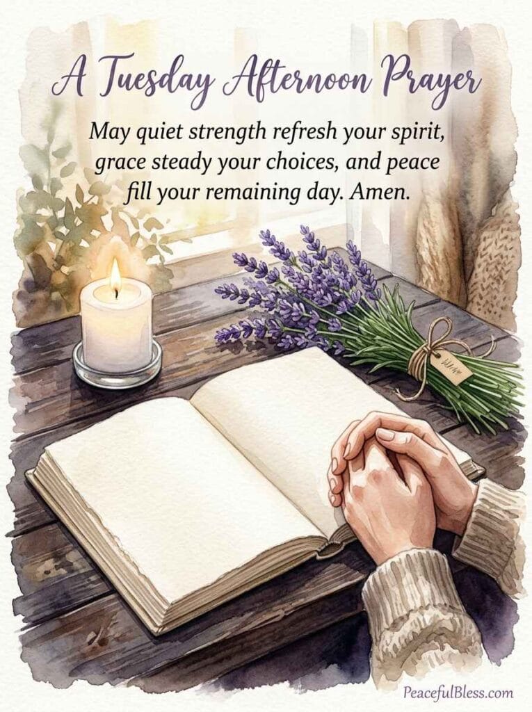 A deeply peaceful watercolor illustration of an open linen journal surrounded by lavender and a glowing white candle for a Tuesday afternoon prayer.
