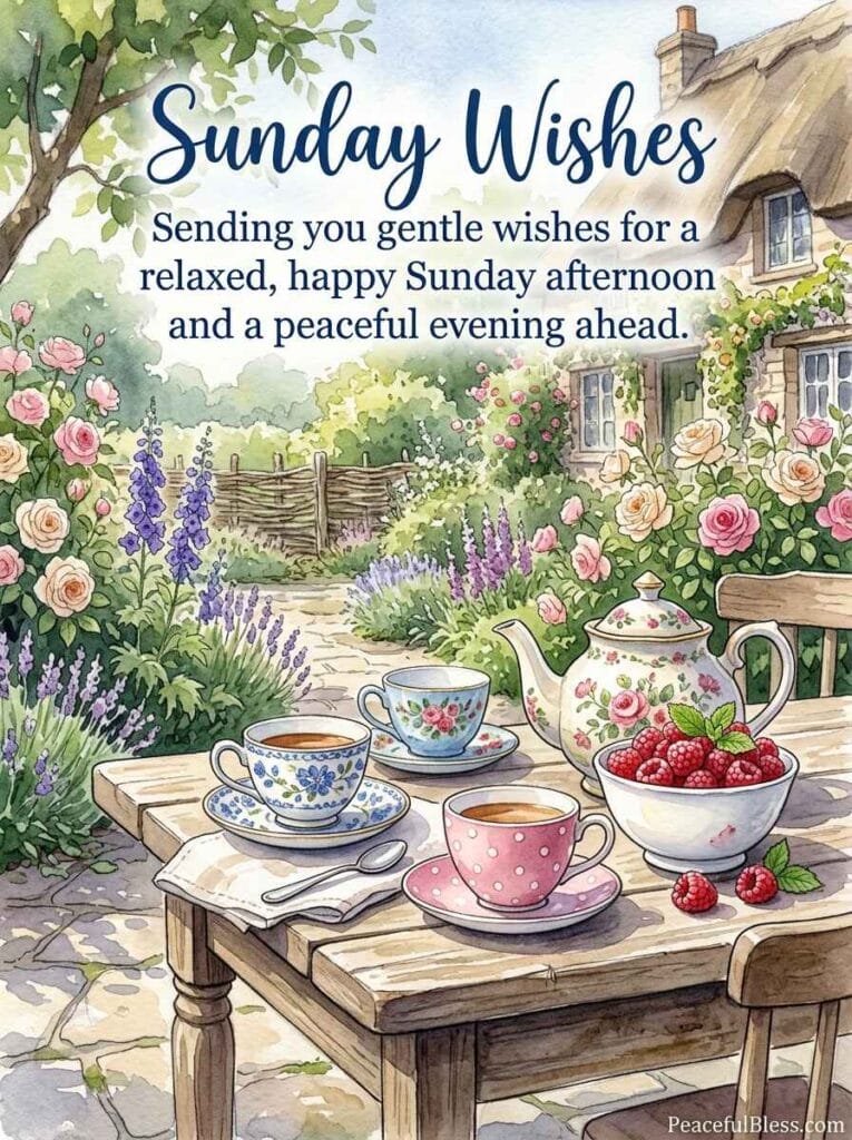 A lighthearted watercolor painting of a charming cottage garden table set with mismatched teacups and fresh berries on a Sunday afternoon.