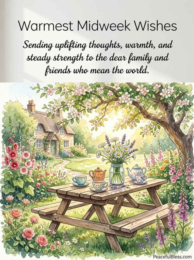 A heartwarming watercolor painting of a garden picnic table set with teacups and wildflowers, representing afternoon connection.