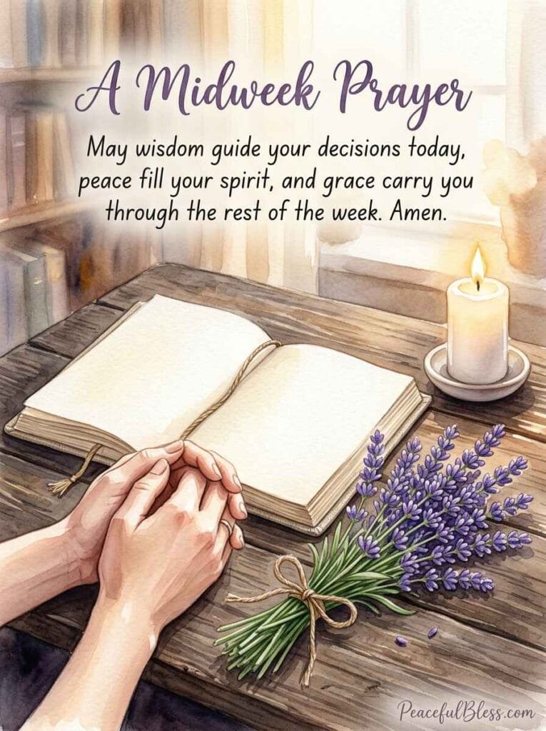 A deeply peaceful watercolor illustration of an open linen journal surrounded by lavender and a glowing white candle for a Wednesday afternoon prayer.