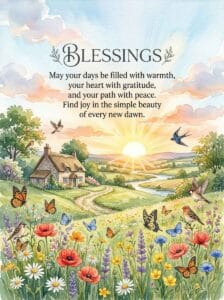 A scenic watercolor morning landscape with a cottage, winding river, birds, and wildflowers, titled with a message of warmth and gratitude.