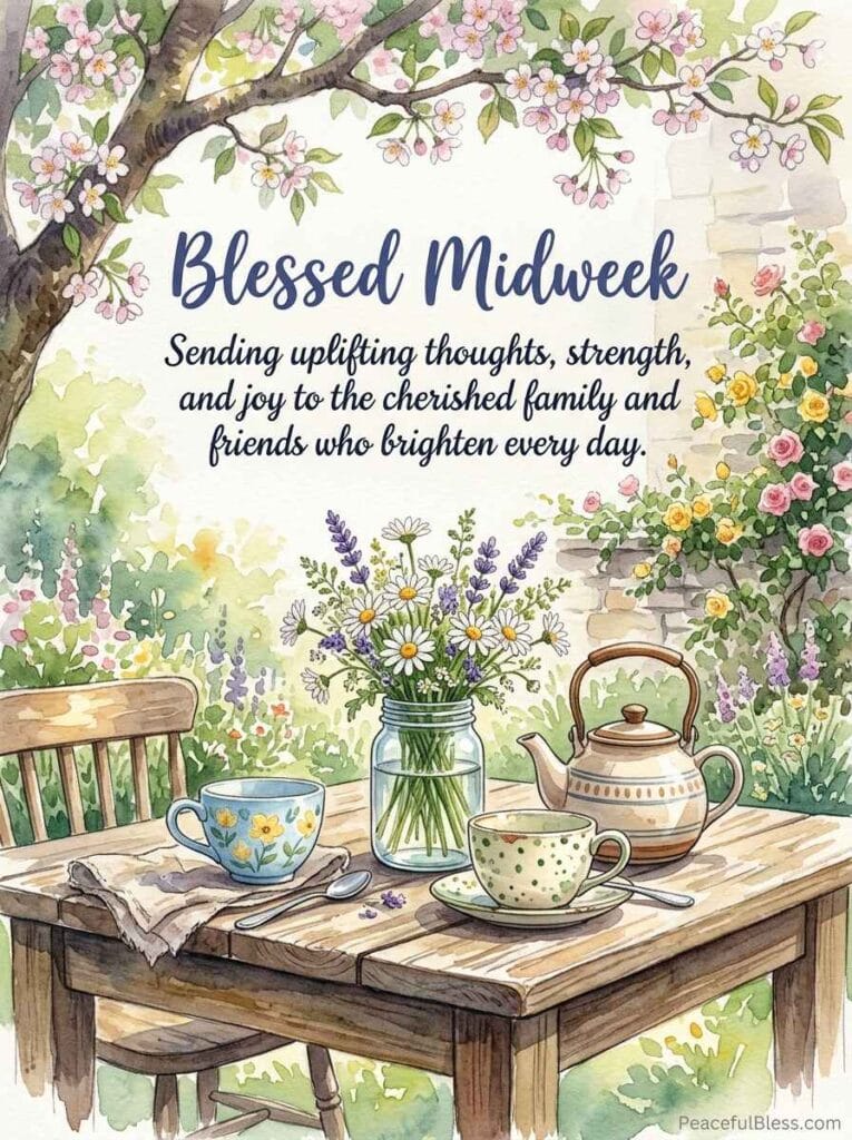 A heartwarming watercolor painting of a garden table set with teacups and wildflowers, representing love and connection.