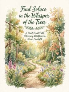 A quiet forest path surrounded by trees and wildflowers with the quote Find Solace in the Whisper of the Trees.