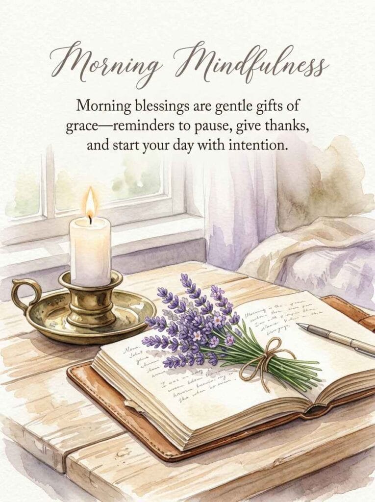 A delicate watercolor painting of a lit candle, lavender sprigs, and an open vintage book on a soft cotton cloth.