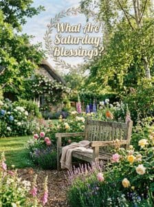 A rustic wooden garden bench surrounded by blooming roses, lavender, and singing birds in a lush English cottage garden, with text: What Are Saturday Blessings?