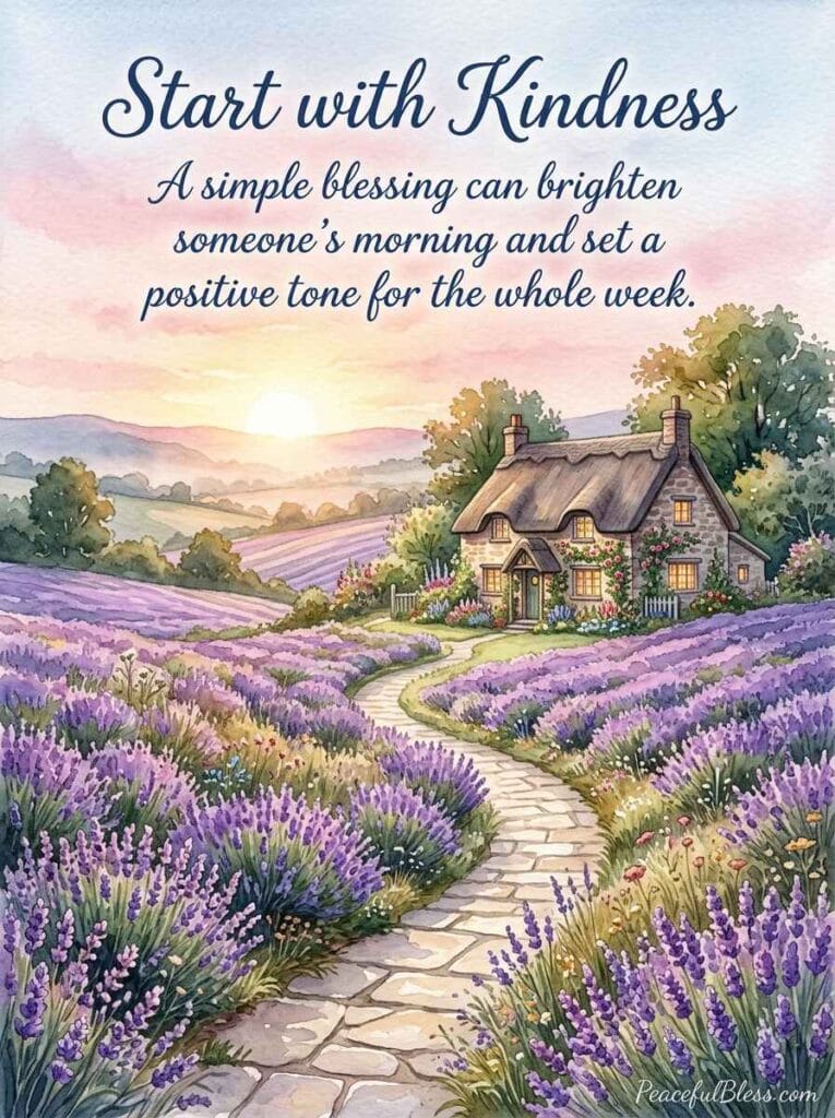 A soothing watercolor image of a peaceful stone pathway leading past a cozy cottage through fields of lavender at sunrise.