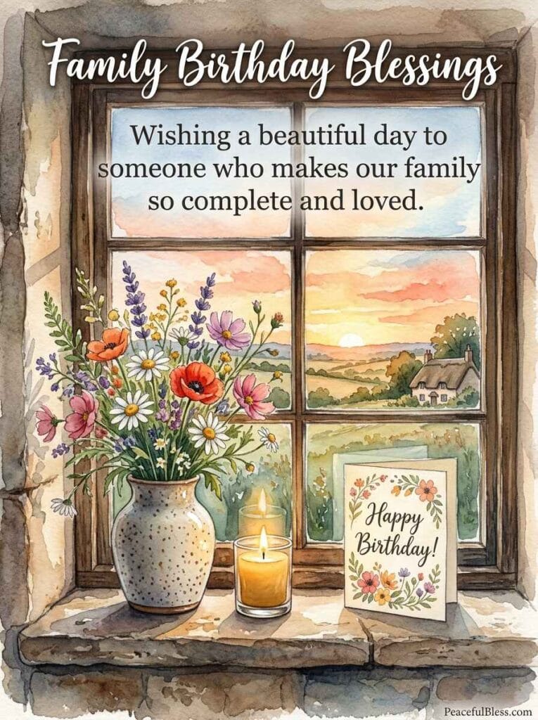 A cozy watercolor illustration of a warm living room windowsill decorated with framed photos, flowers, and a birthday card.