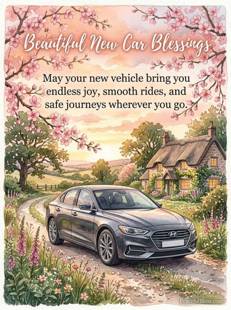 A heartwarming watercolor painting of a clean sedan parked under a flowering cherry blossom tree on a country lane at golden hour.