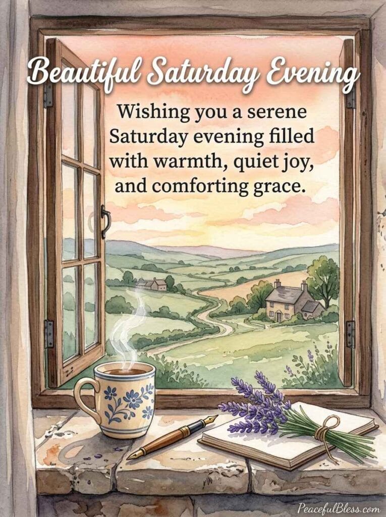 A heartwarming watercolor illustration of a stone window nook looking out over rolling green hills and a lavender garden at Saturday twilight.