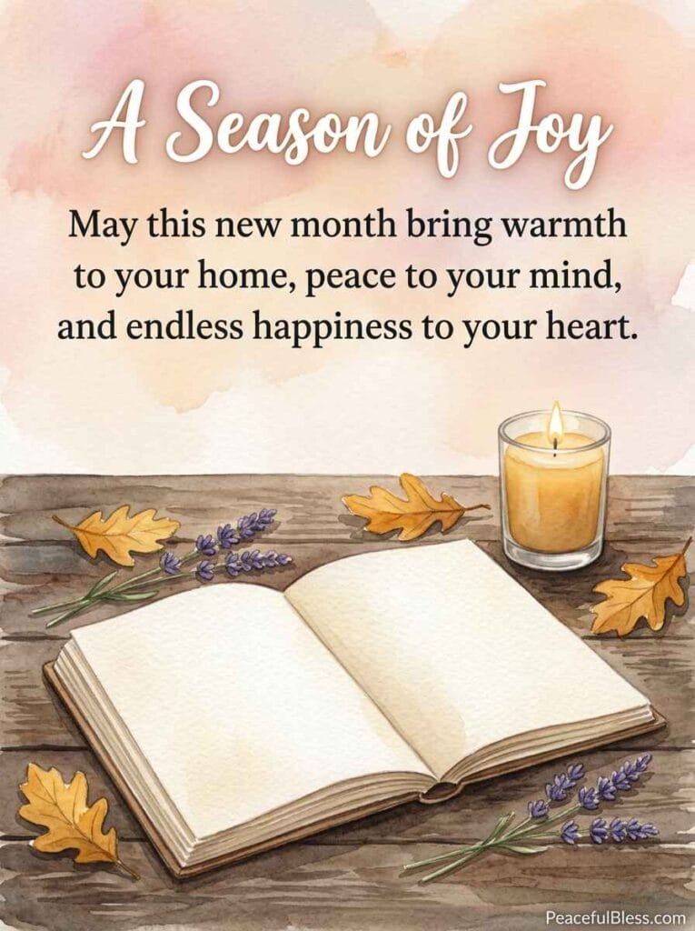 A heartwarming watercolor painting of an open journal, a lit candle, autumn leaves, and lavender sprigs on an oak table under warm light.