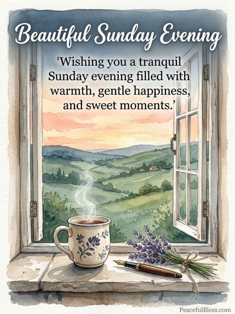A heartwarming watercolor illustration of a stone window nook looking out over rolling green hills and a lavender garden at Sunday twilight.