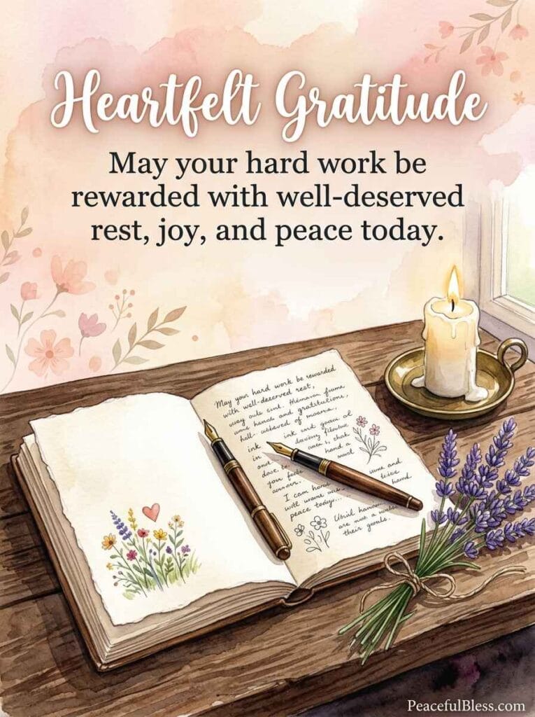 A heartwarming watercolor painting of an open journal next to a lit candle, lavender sprigs, and a fountain pen on an oak table.