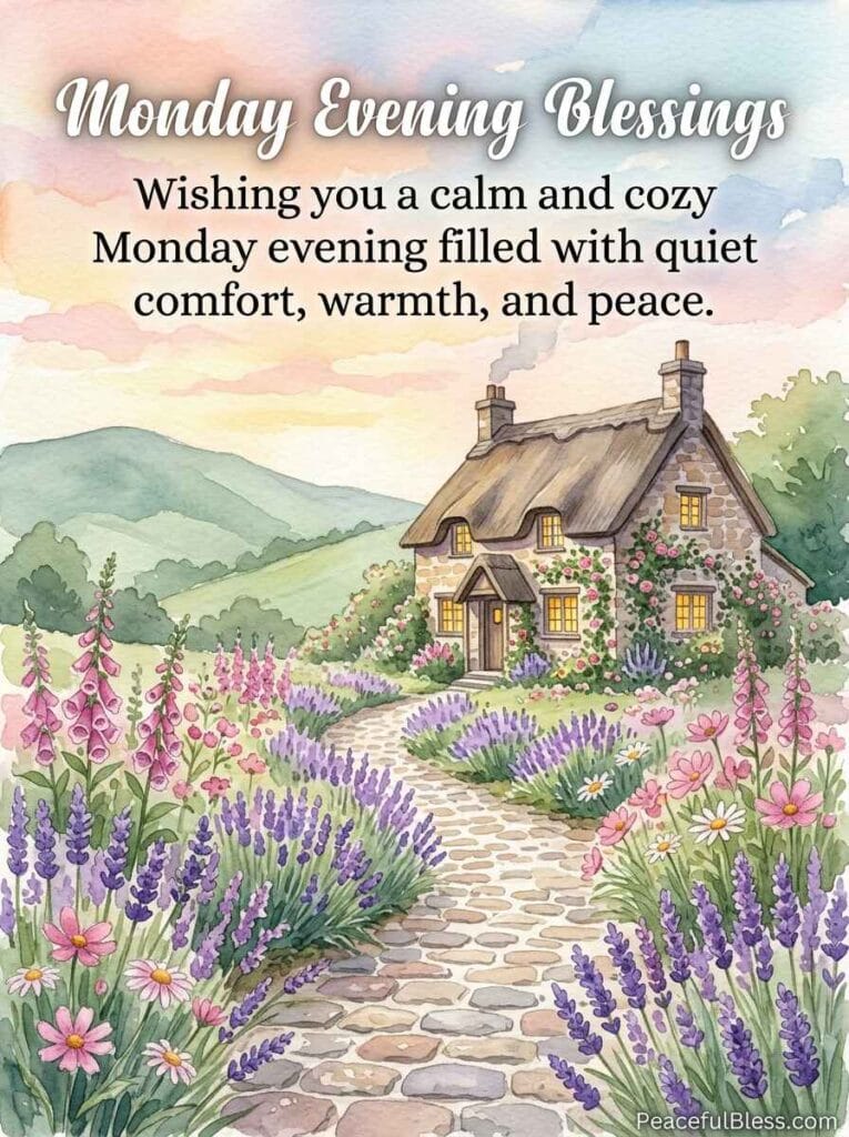 A heartwarming watercolor illustration of a cobblestone path lined with purple lavender leading toward a stone cottage at golden sunset.