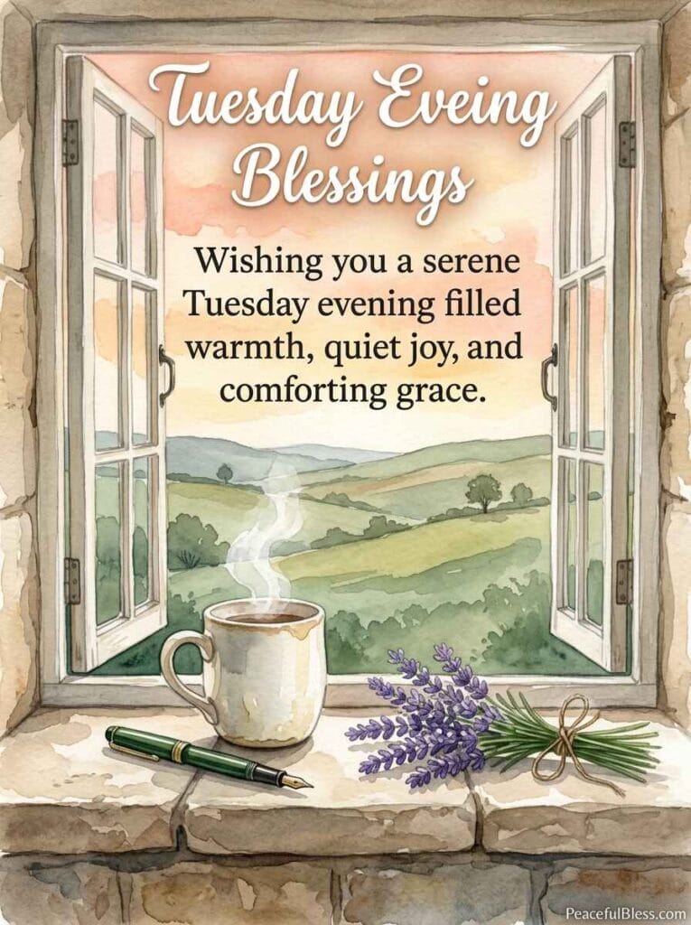 A heartwarming watercolor illustration of a stone window nook looking out over rolling green hills and a lavender garden at Tuesday twilight.