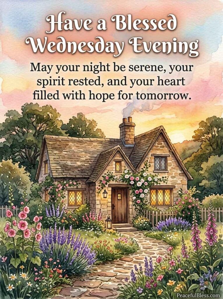 A cozy cottagecore watercolor illustration of a stone cottage at sunset with glowing windows, smoke curling from the chimney, and a lavender-lined path.