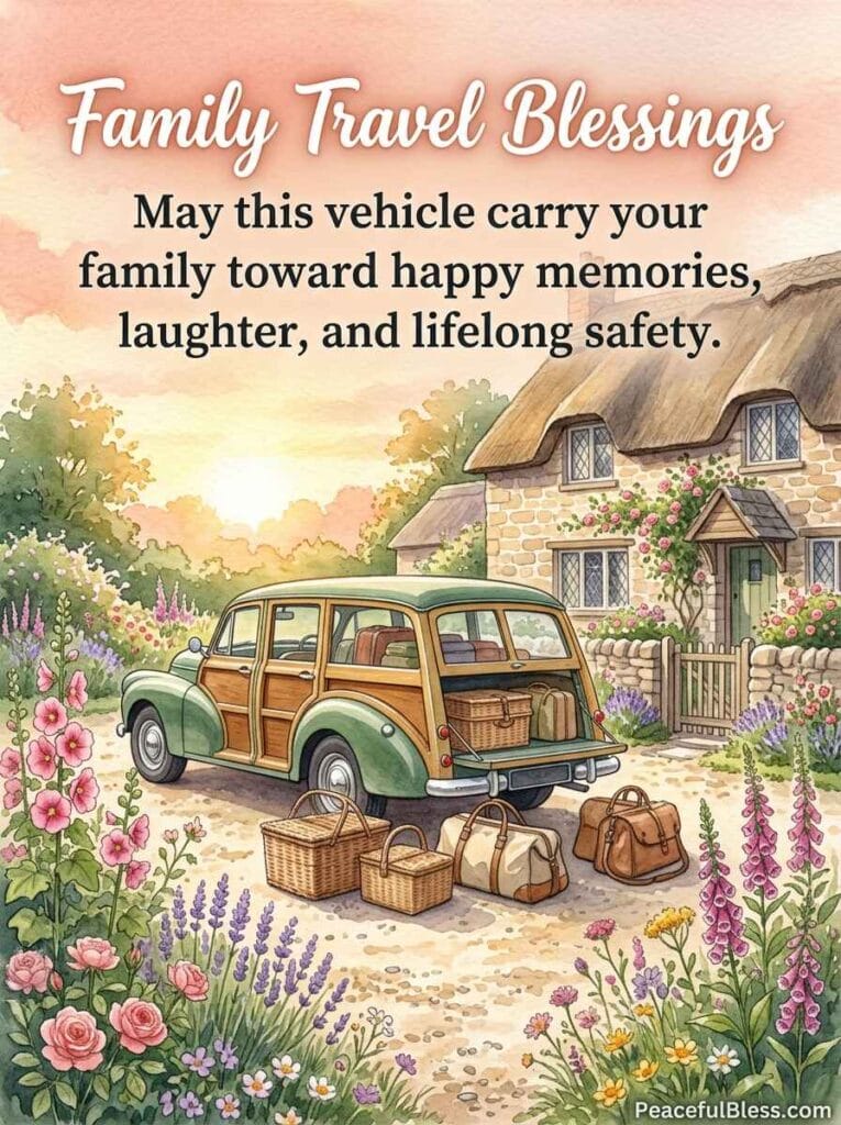 A cozy watercolor illustration of a car parked at a scenic viewpoint with two steaming travel mugs resting on the hood.
