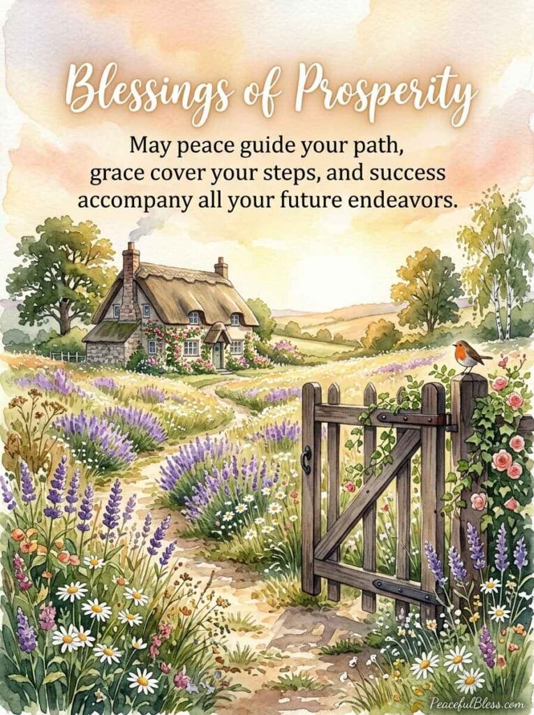 A serene watercolor painting of an open wooden garden gate leading into a sunlit lavender meadow at dawn.