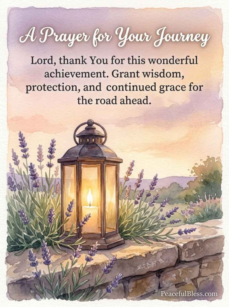 A peaceful watercolor illustration of a lighted glass lantern sitting on a stone wall overlooking a sunset horizon.