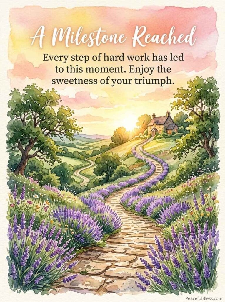 A peaceful watercolor image of a stone pathway leading toward a majestic sunlit hilltop under a warm golden sky.