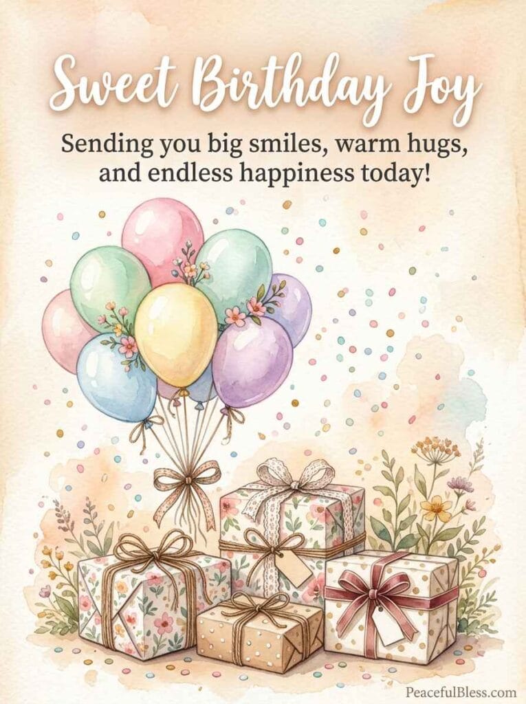 A cute watercolor illustration of pastel balloons, wrapped gift boxes, and confetti on a warm cream background.