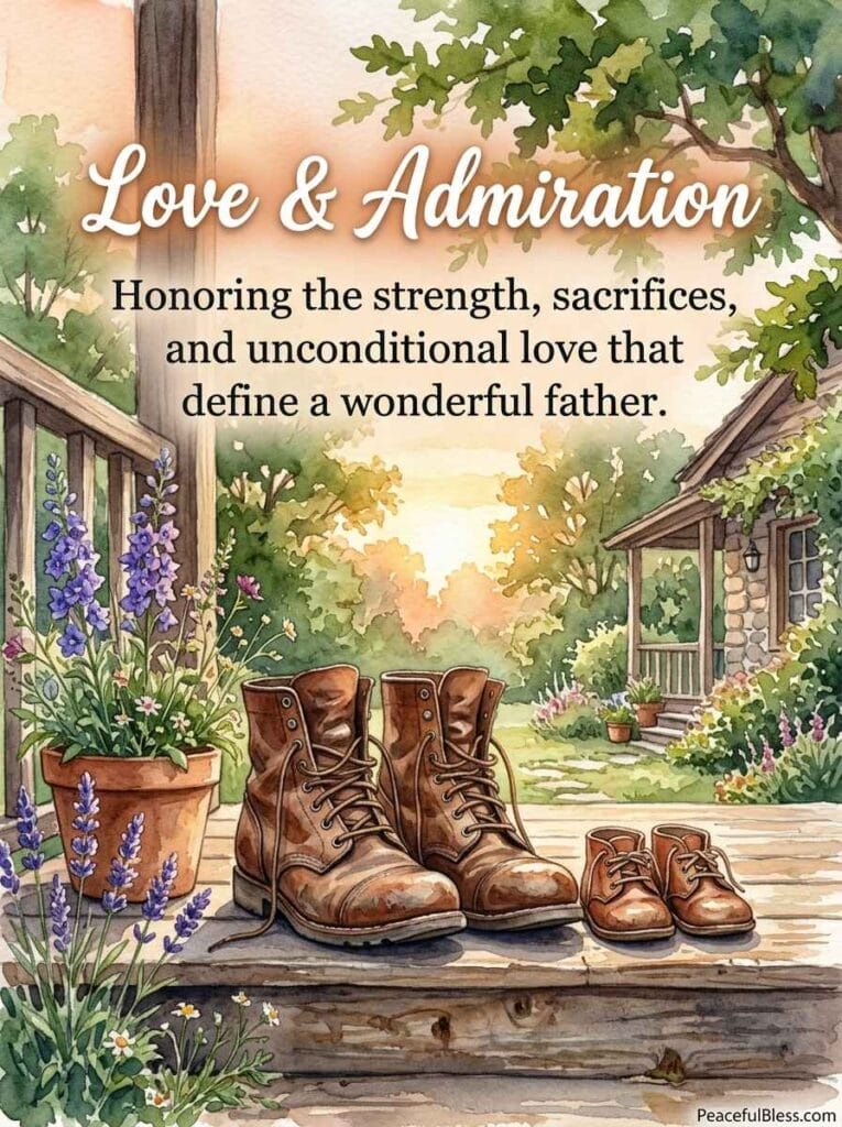 A touching watercolor painting of a father's worn boots, a child's tiny shoes, and blue wildflowers on a rustic porch step.
