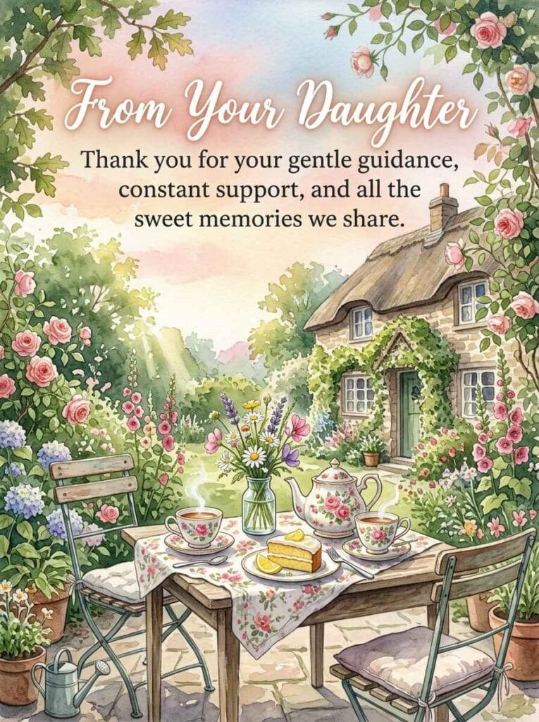 A lighthearted watercolor scene of a garden tea table set with lemon cake, floral teacups, and fresh wildflowers under bright sunlight.