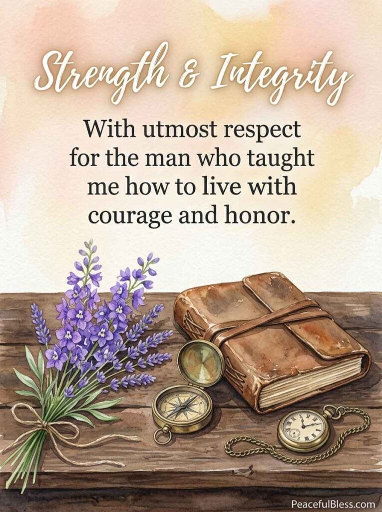 A sturdy watercolor image of a father's leather notebook, keys, a pocket watch, and lavender on an oak desk under warm light.