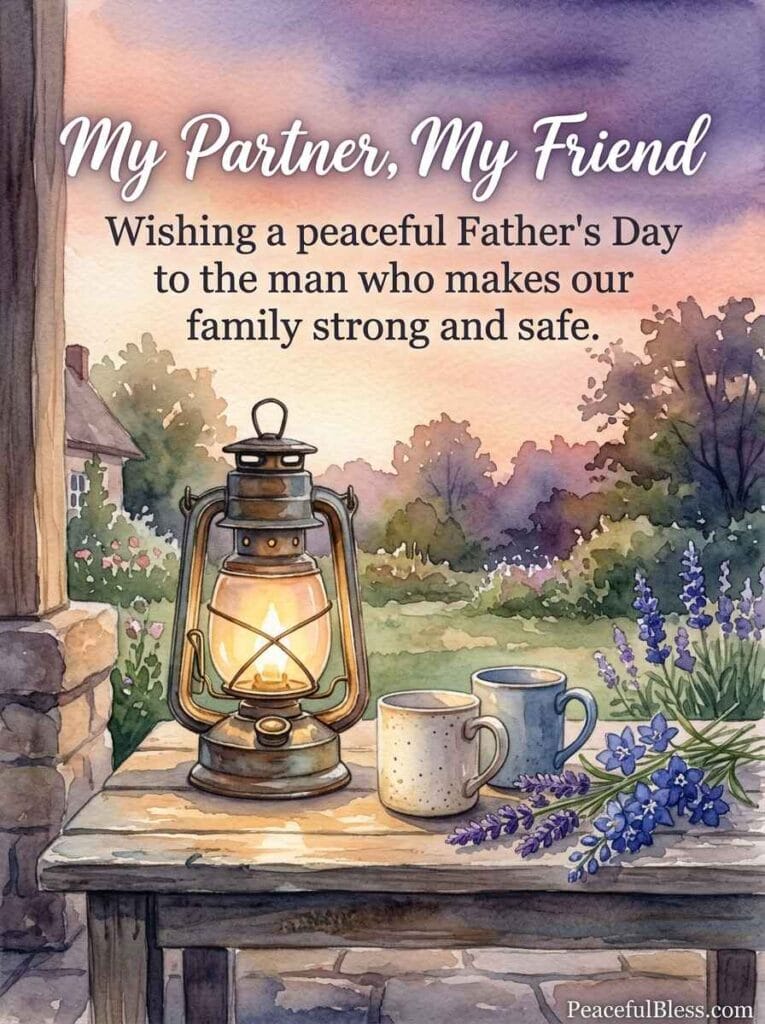 A comforting watercolor painting of a glowing lantern, two warm mugs, and blue delphiniums on a stone porch overlooking a meadow at twilight.