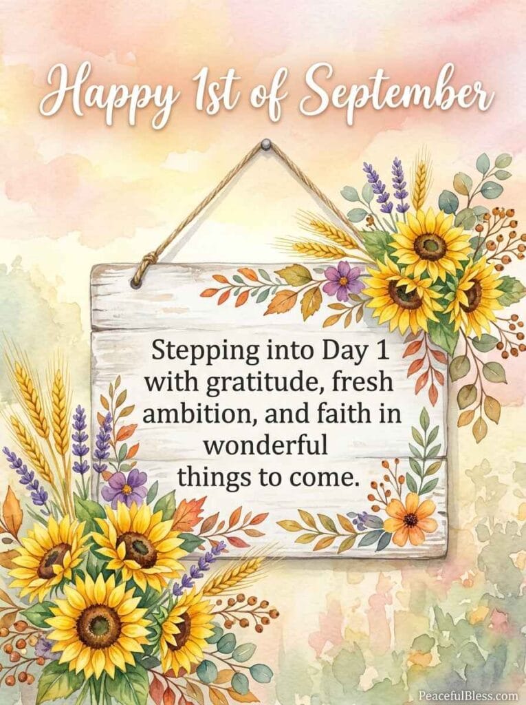 A vibrant watercolor painting of a wooden welcome sign framed by sunflower blossoms, golden wheat, and lavender on Day 1.