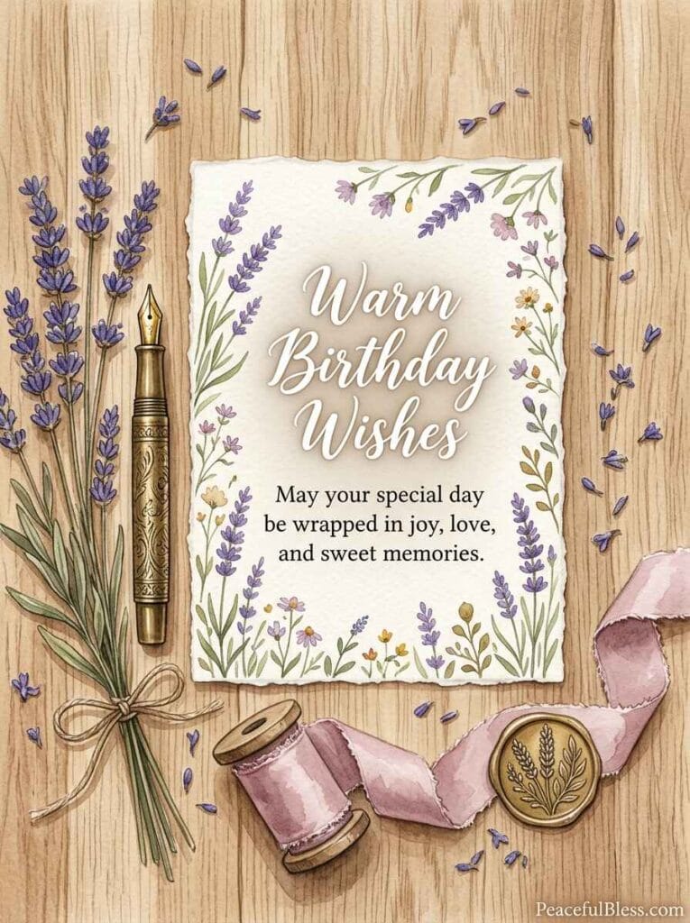An artistic watercolor flat lay of birthday card supplies, fountain pens, dried lavender, and wax seals.