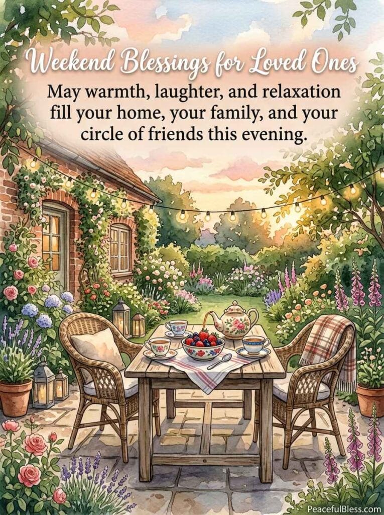 A lighthearted watercolor painting of a charming garden tea setup with mismatched teacups under a soft peach sunset sky.