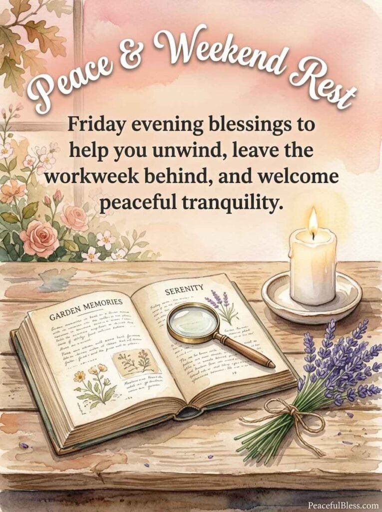A delicate watercolor painting of an open vintage book, a lit candle, and lavender sprigs on a table under a pastel peach and pink sky.