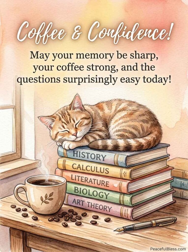 A playful watercolor illustration of a sleeping tabby cat on stacked study books next to a mug and coffee beans.