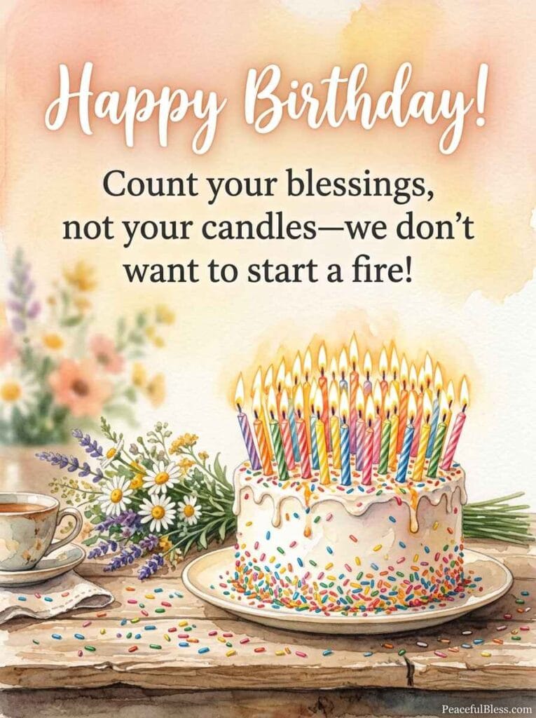 A playful watercolor illustration of a small birthday cake overflowing with candles and colorful sprinkles.
