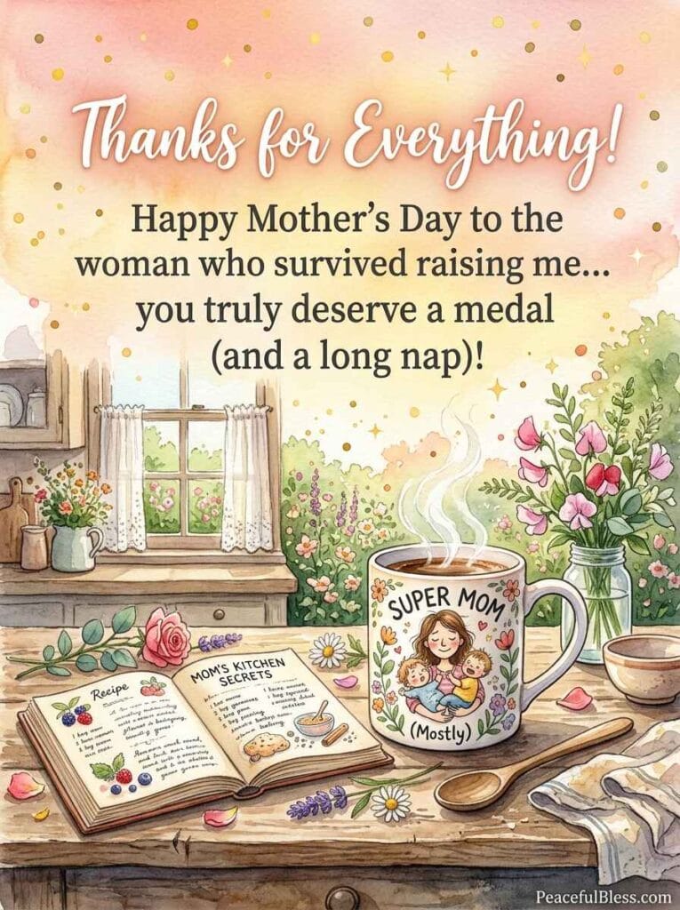 A playful watercolor illustration of a cup of coffee spilling over slightly near a recipe book and floating flower petals.