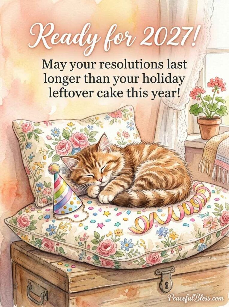 A playful watercolor illustration of party hats, confetti, and a sleeping tabby cat on a cozy cushion.