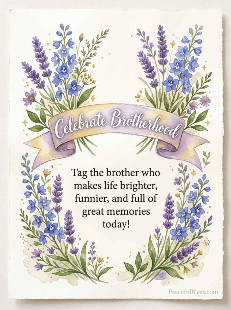 A lighthearted watercolor flat lay of a blank note card, playful mustache icon, lavender sprigs, and gold sparkles on light wood.