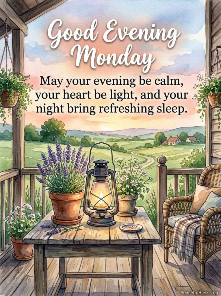 A cheerful watercolor illustration of a lit lantern on a garden patio table surrounded by lavender under a peach sky.